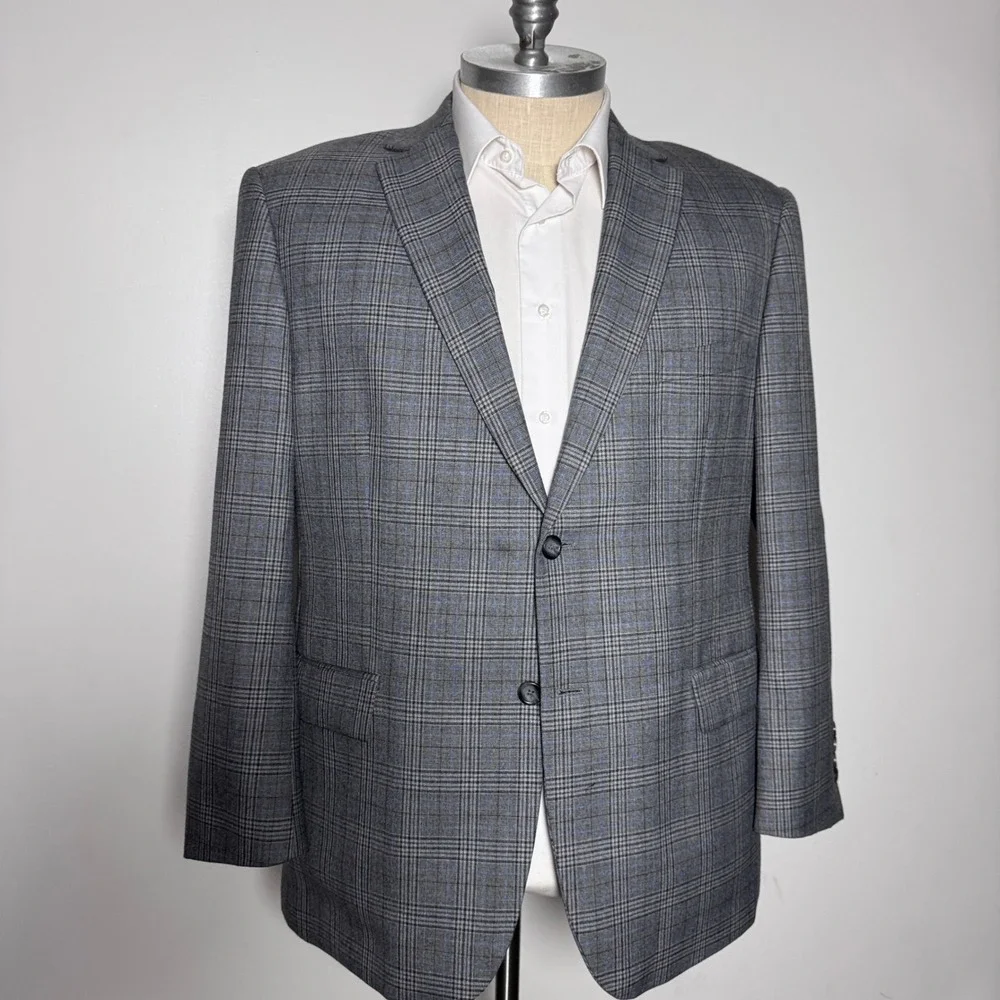 Pronto Uomo Platinum Blazer Mens 48R Grey Plaid Two Button Double Vent Wool
